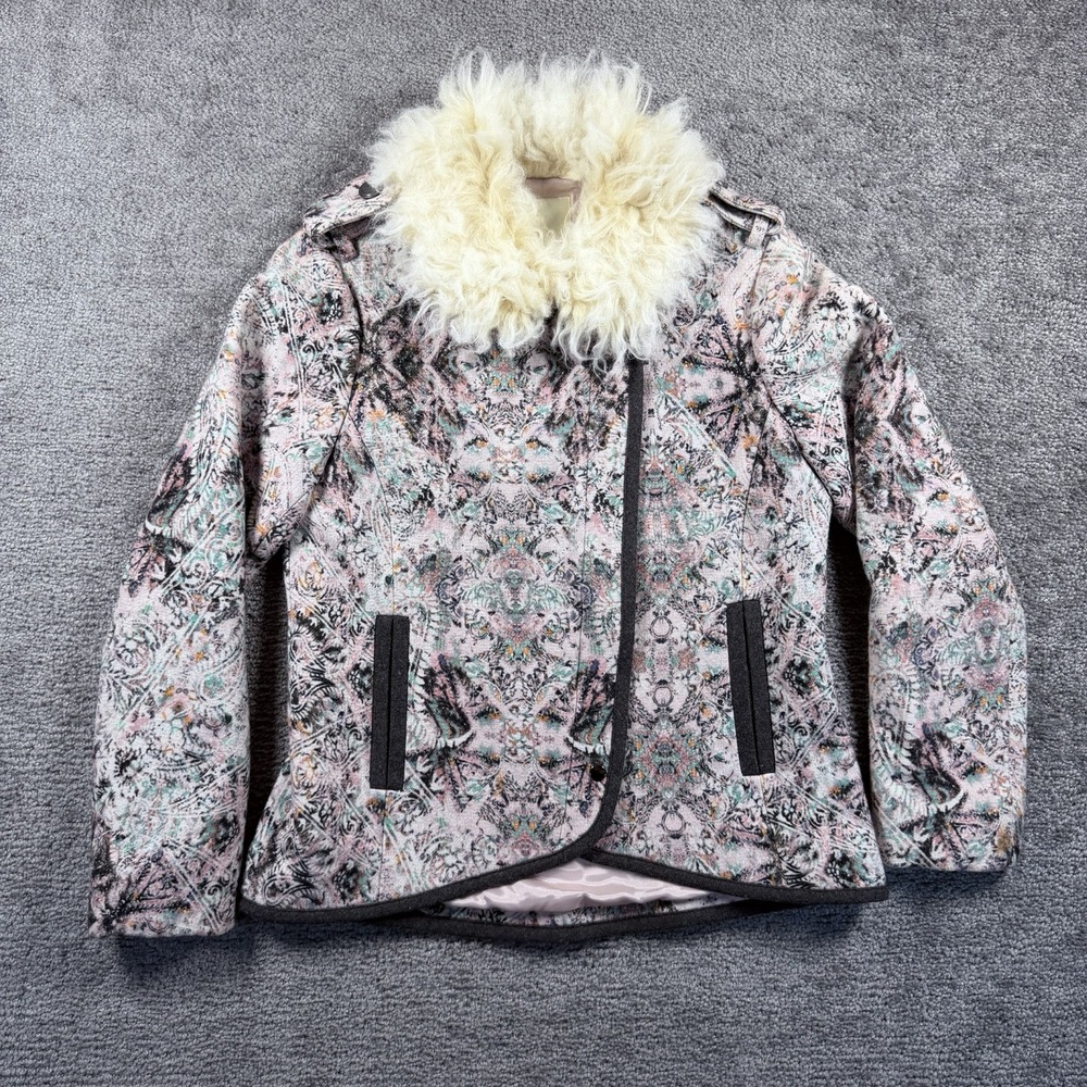 Elevenses Anthropologie Women Pink Paisley Faux Fur Collar Moto Jacket Size 4
